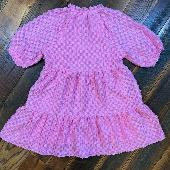 THML Pink Textured Check Puff Sleeve Mini Dress Size S | Ruffle Tiered Babydoll - Picture 3 of 6